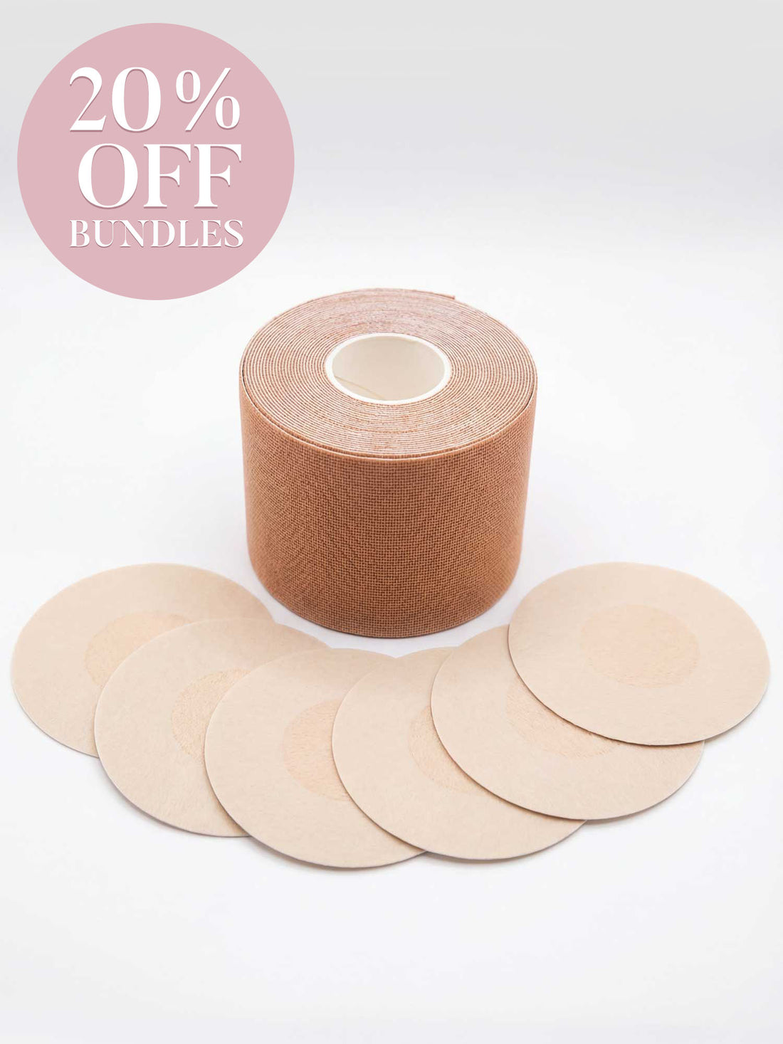 Roll of brown tape with circular adhesive pads on a white background, featuring a 20% off bundles offer.
