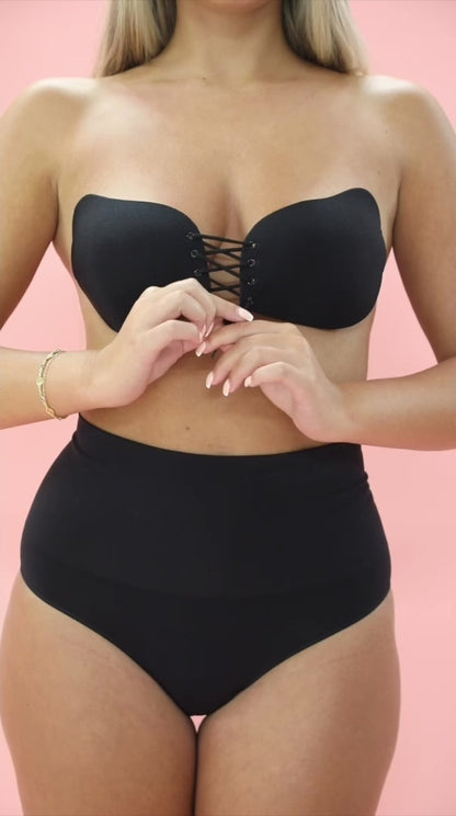 Adhesive Drawstring Push Up Bra-Black