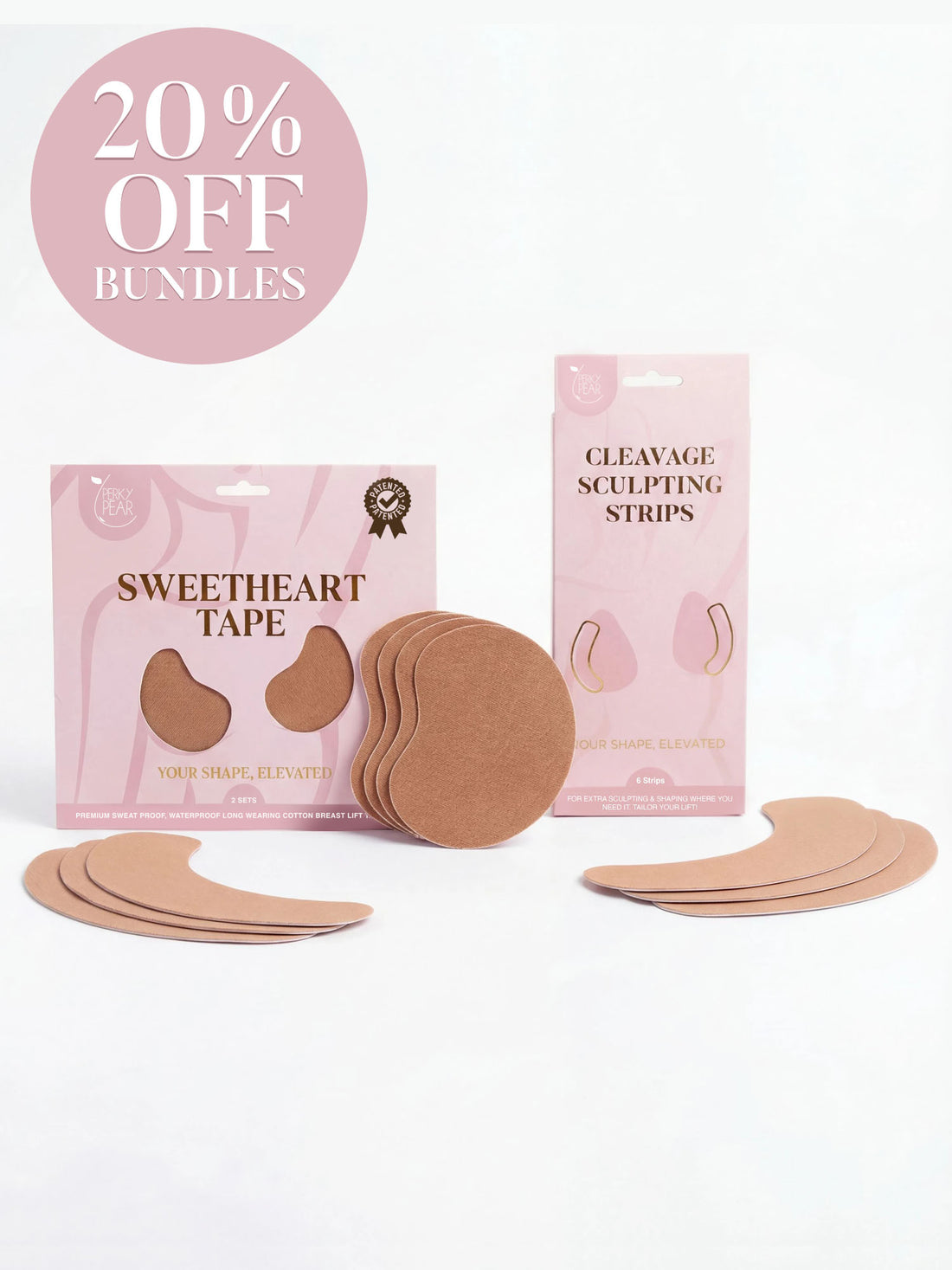 Packages of Sweetheart Tape and Cleavage Sculpting Strips with promotional text on a white background